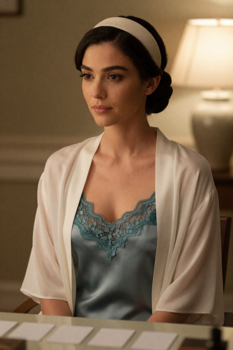 ChuhaiUp muse in a slate silk slip dress with teal lace and an ivory robe, seated at a desk with blank cards and a ceramic lamp
